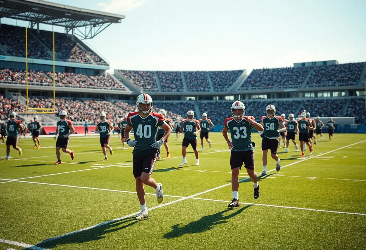 Football players training on a field