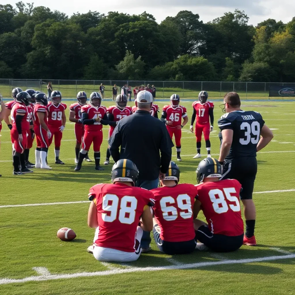A football team huddling together on the field with a coach discussing strategies.