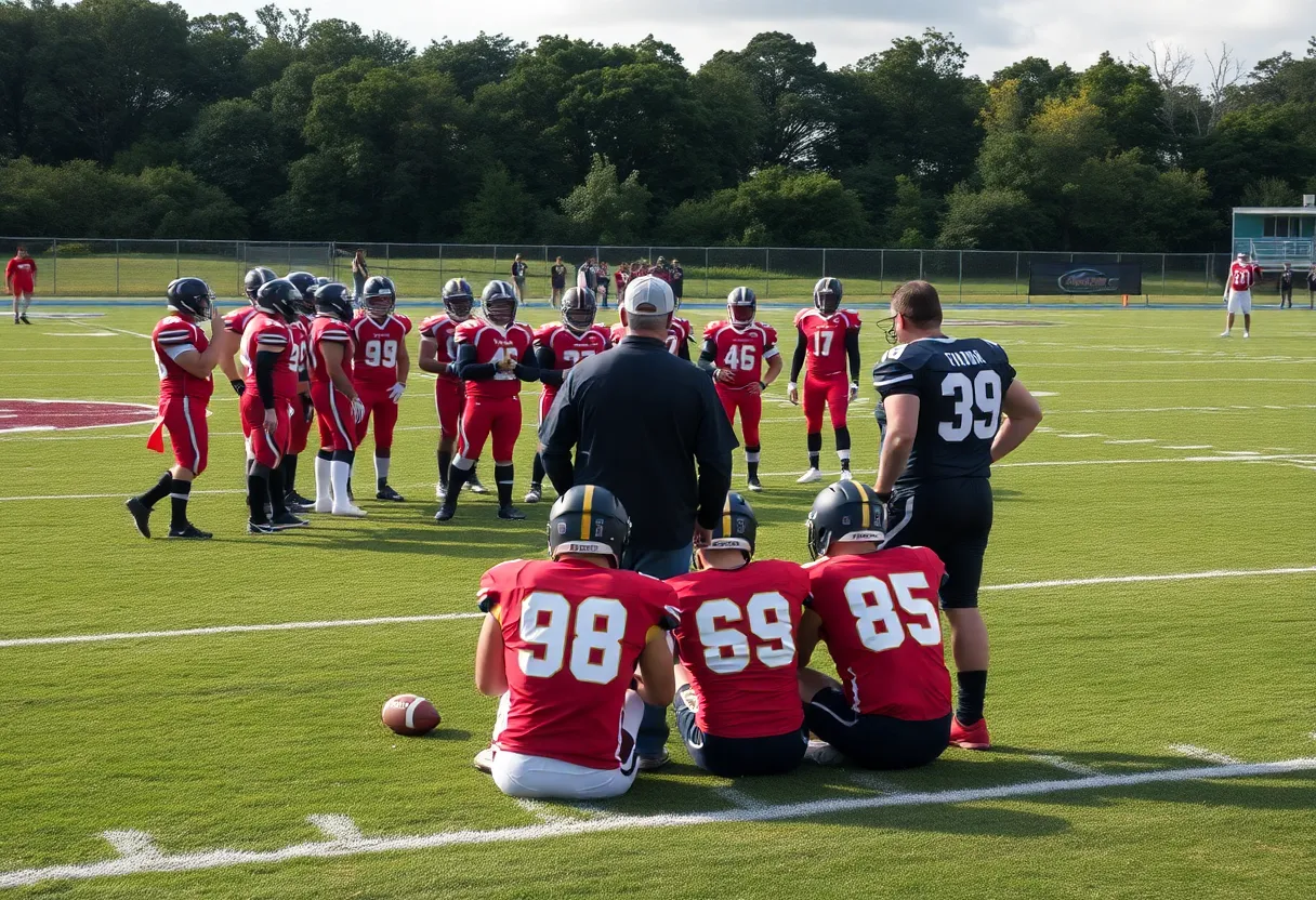 A football team huddling together on the field with a coach discussing strategies.