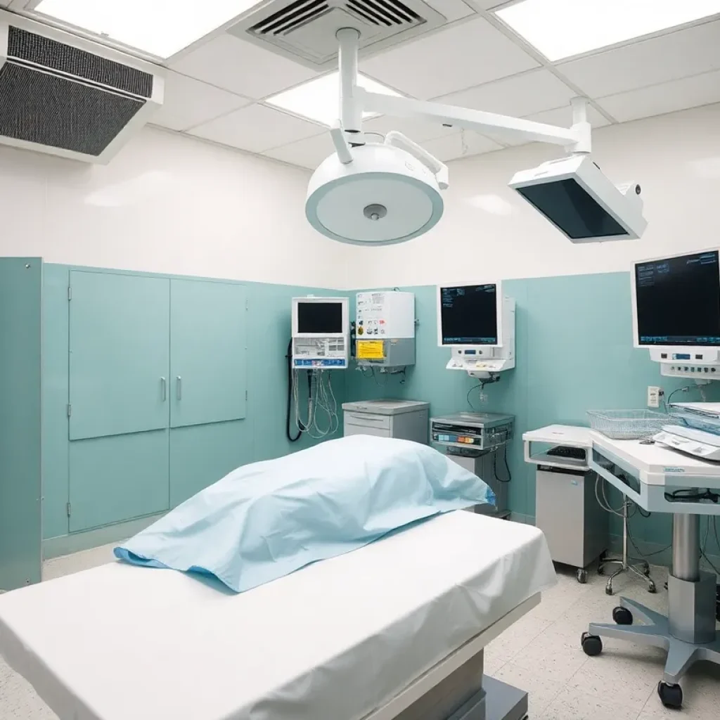 Interior of a forensic autopsy room with HVAC equipment
