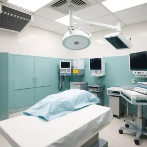 Interior of a forensic autopsy room with HVAC equipment
