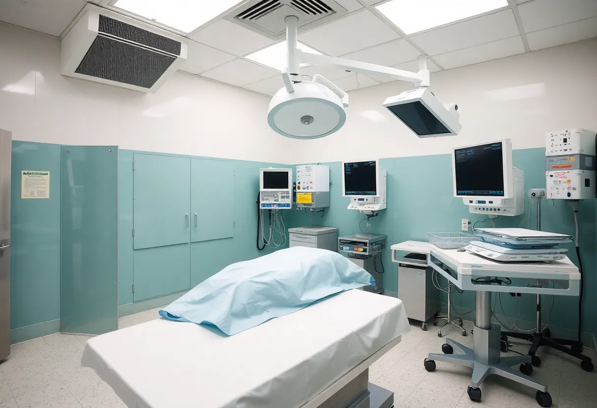 Interior of a forensic autopsy room with HVAC equipment