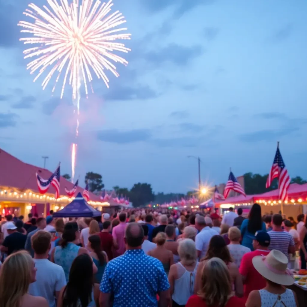 Crowd celebrating Fourth of July with fireworks in Southeast Louisiana