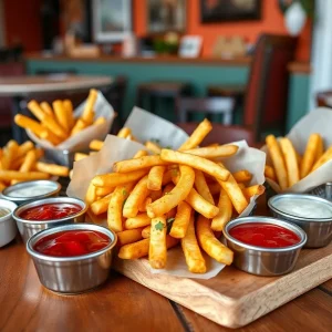 Gourmet French fries with various dips on a wooden table