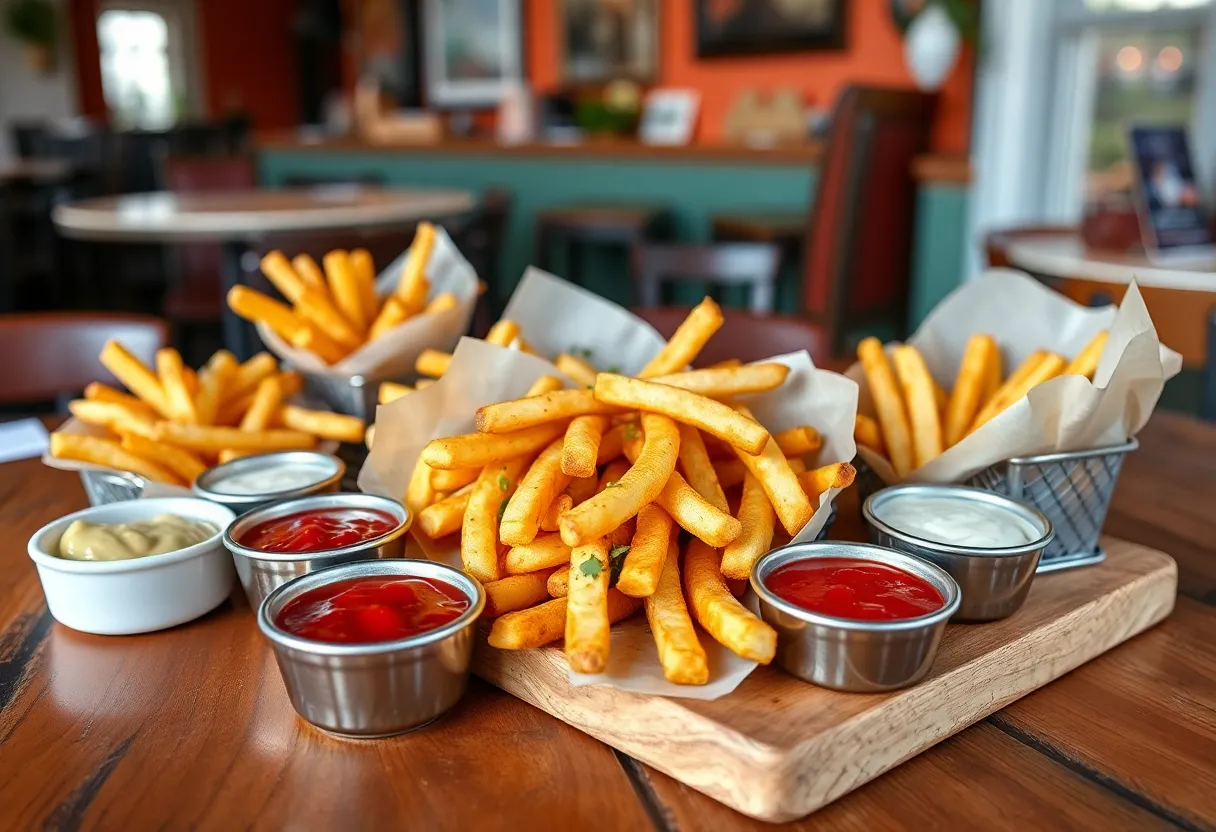 Gourmet French fries with various dips on a wooden table
