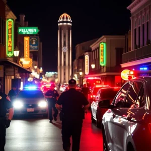 Night scene in the French Quarter of New Orleans with police lights