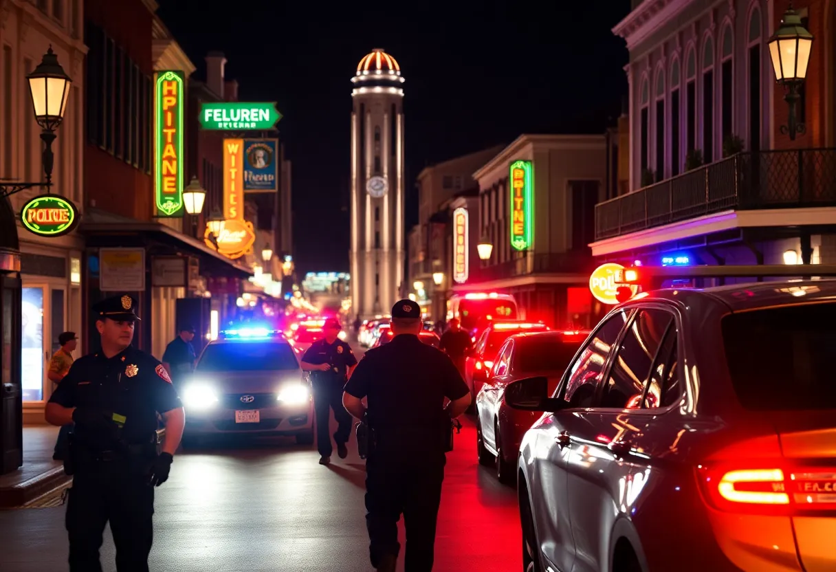 Night scene in the French Quarter of New Orleans with police lights