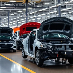 Manufacturing plant of General Motors with vehicles being assembled