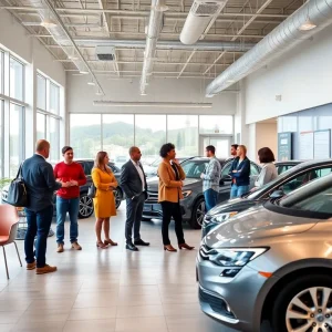 Interior of a General Motors Insurance office with people interacting