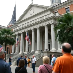 Government buildings in New Orleans with citizens engaged in discussion.