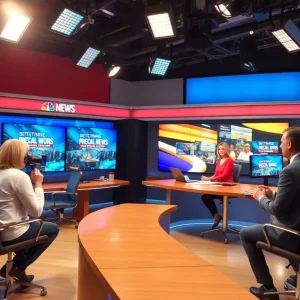 News studio of KATC-TV showing reporters and news screens