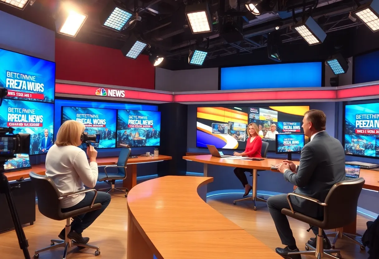 News studio of KATC-TV showing reporters and news screens