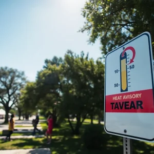 Sunny day with a heat advisory warning sign in Southeast Louisiana.