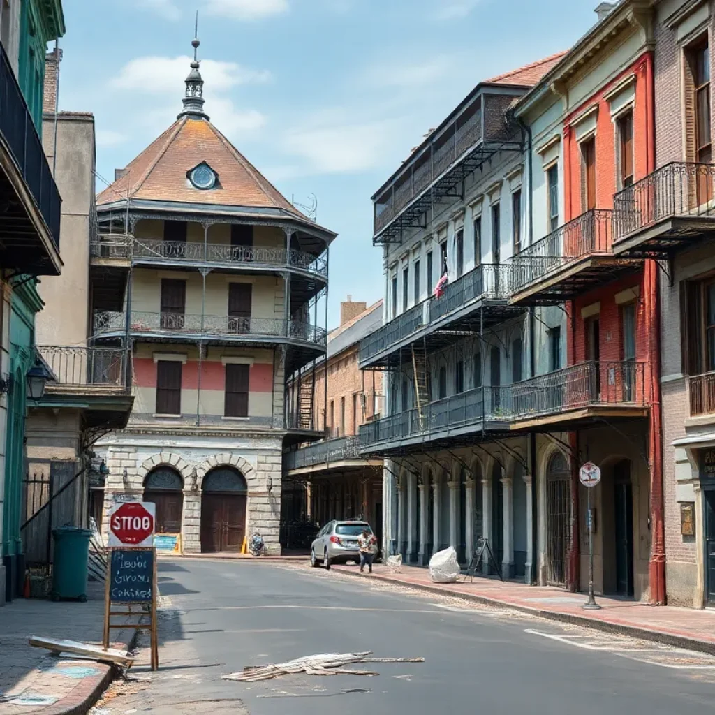 Historic street in New Orleans showing architectural details and construction work