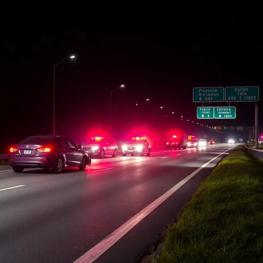 Scene of a car accident on a highway with emergency lights.
