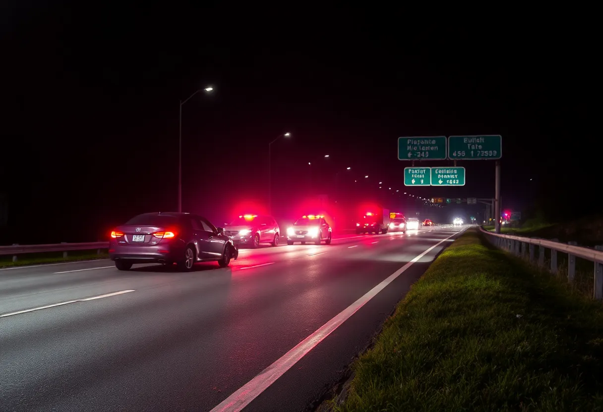 Scene of a car accident on a highway with emergency lights.