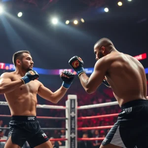 Max Holloway and Dustin Poirier battling in the octagon at UFC 318