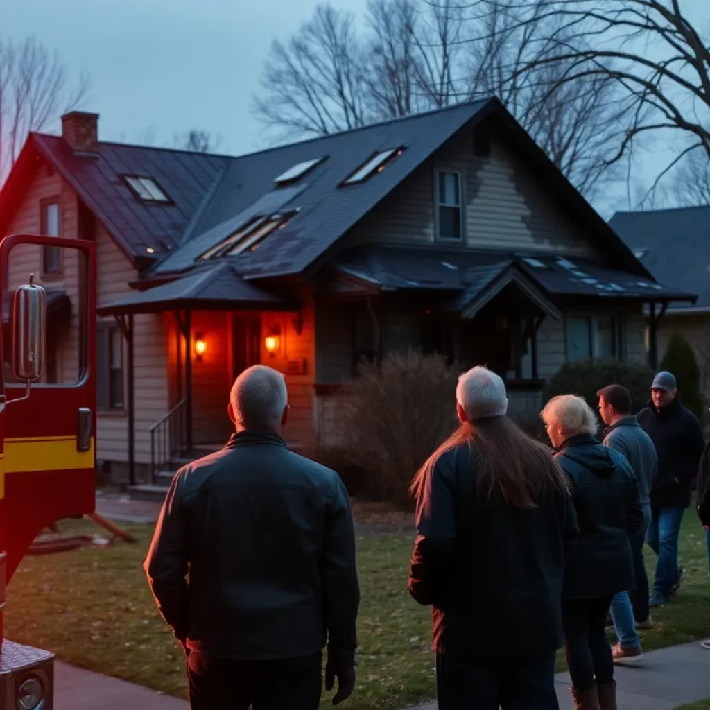 The aftermath of a house fire with emergency services present.