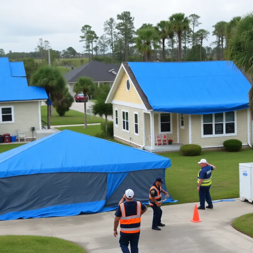 Homes in Louisiana covered with blue tarps during hurricane recovery