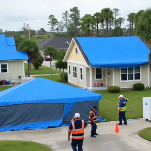 Homes in Louisiana covered with blue tarps during hurricane recovery