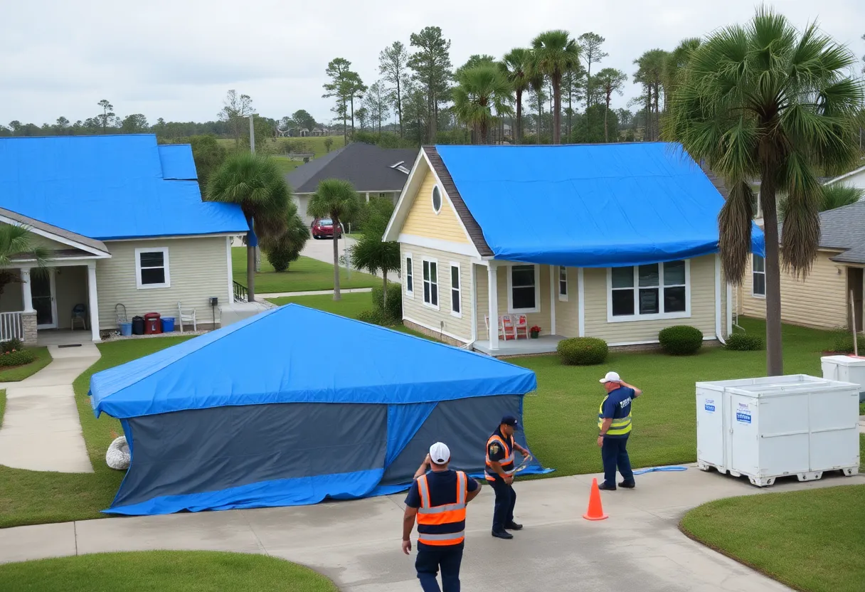 Homes in Louisiana covered with blue tarps during hurricane recovery