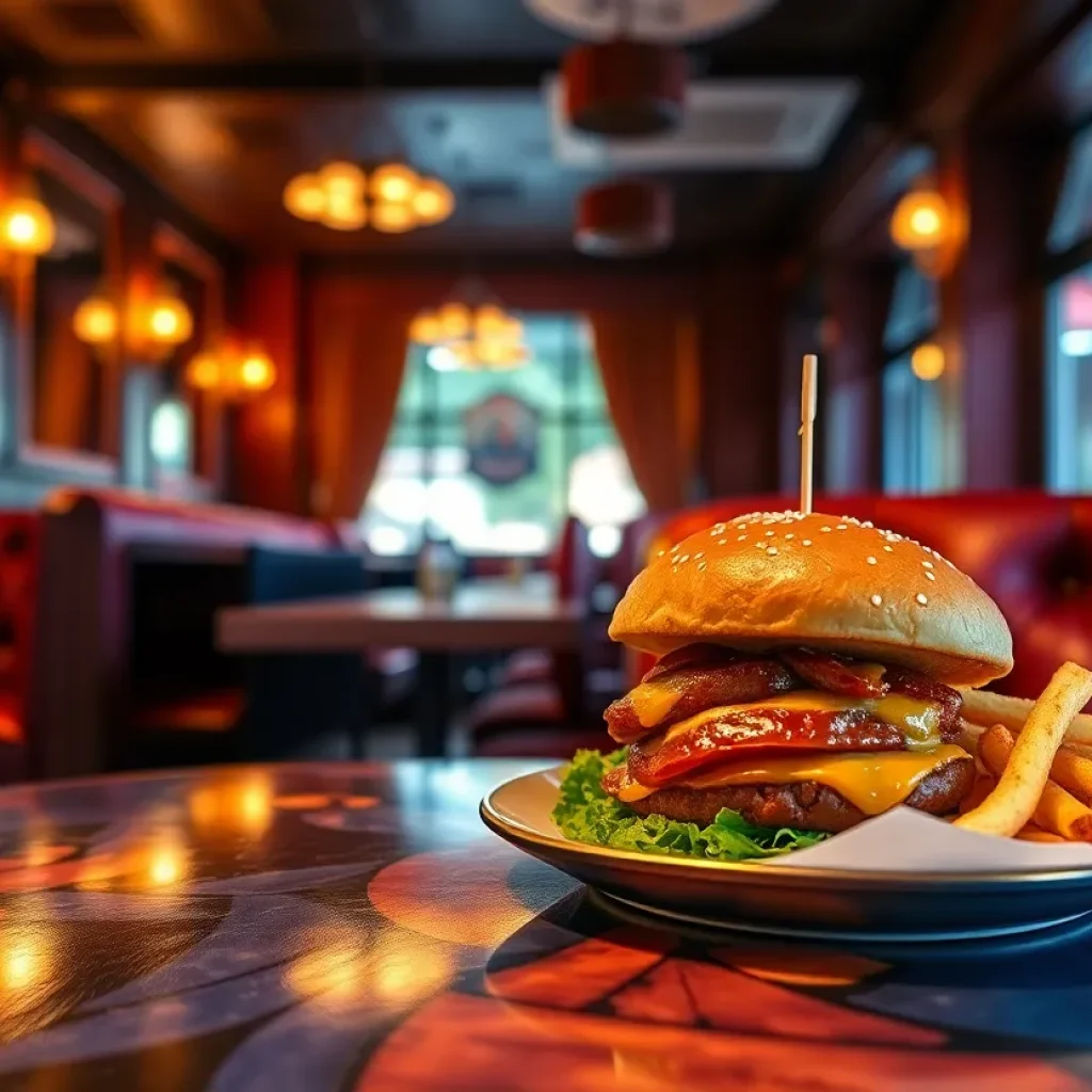 Gourmet burger and fries at The Husky Restaurant during happy hour