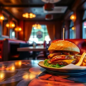 Gourmet burger and fries at The Husky Restaurant during happy hour