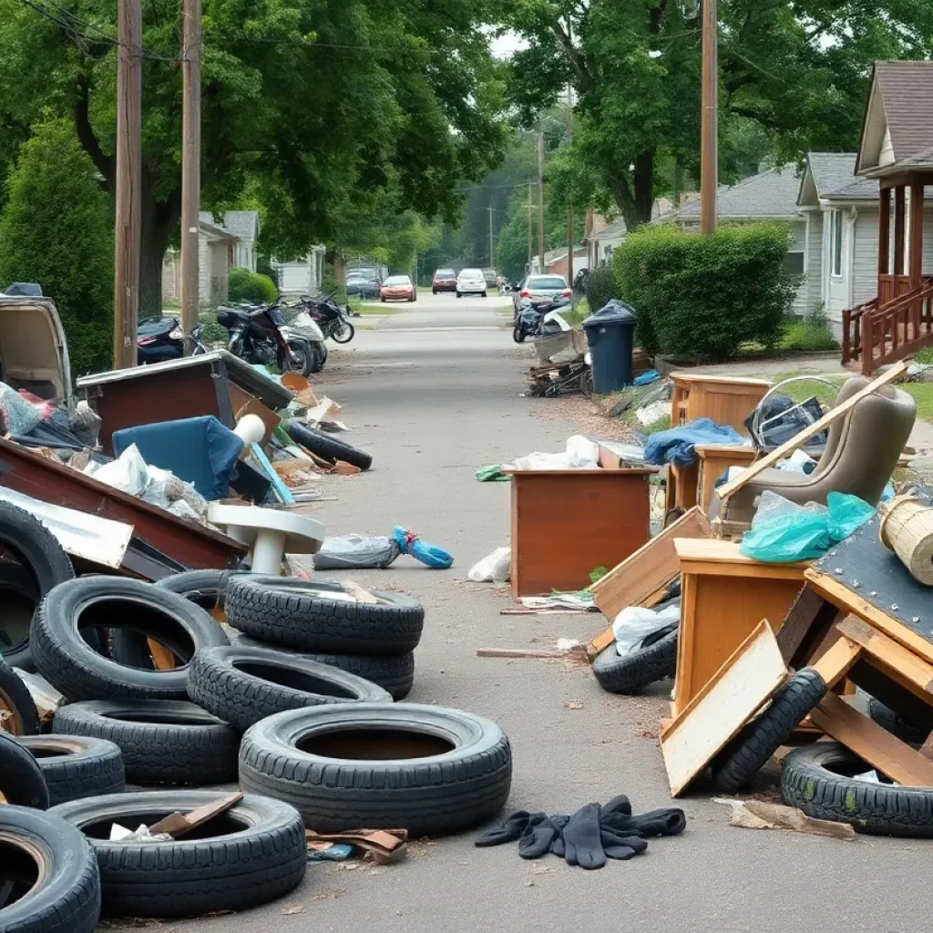 Images showcasing the aftermath of illegal dumping in New Orleans with visible litter and debris.