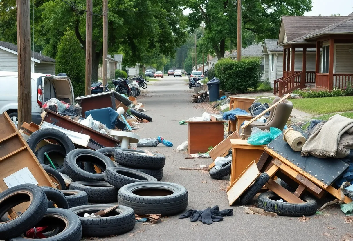 Images showcasing the aftermath of illegal dumping in New Orleans with visible litter and debris.