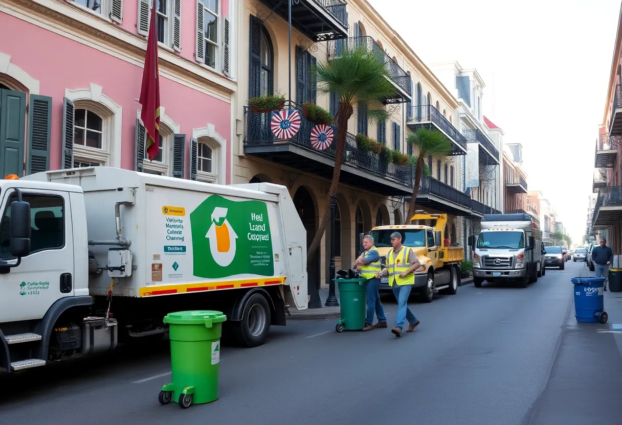 Sanitation workers in the French Quarter of New Orleans providing waste management services.