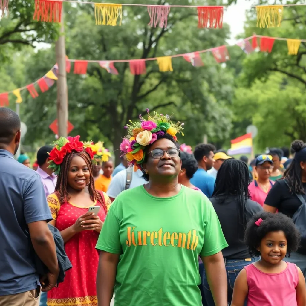 Families celebrating Juneteenth in Lafayette with colorful decorations and outdoor activities
