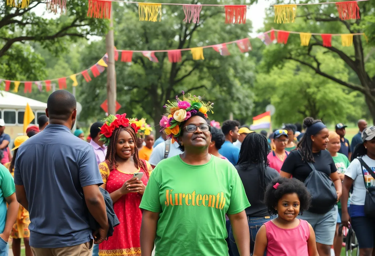 Families celebrating Juneteenth in Lafayette with colorful decorations and outdoor activities