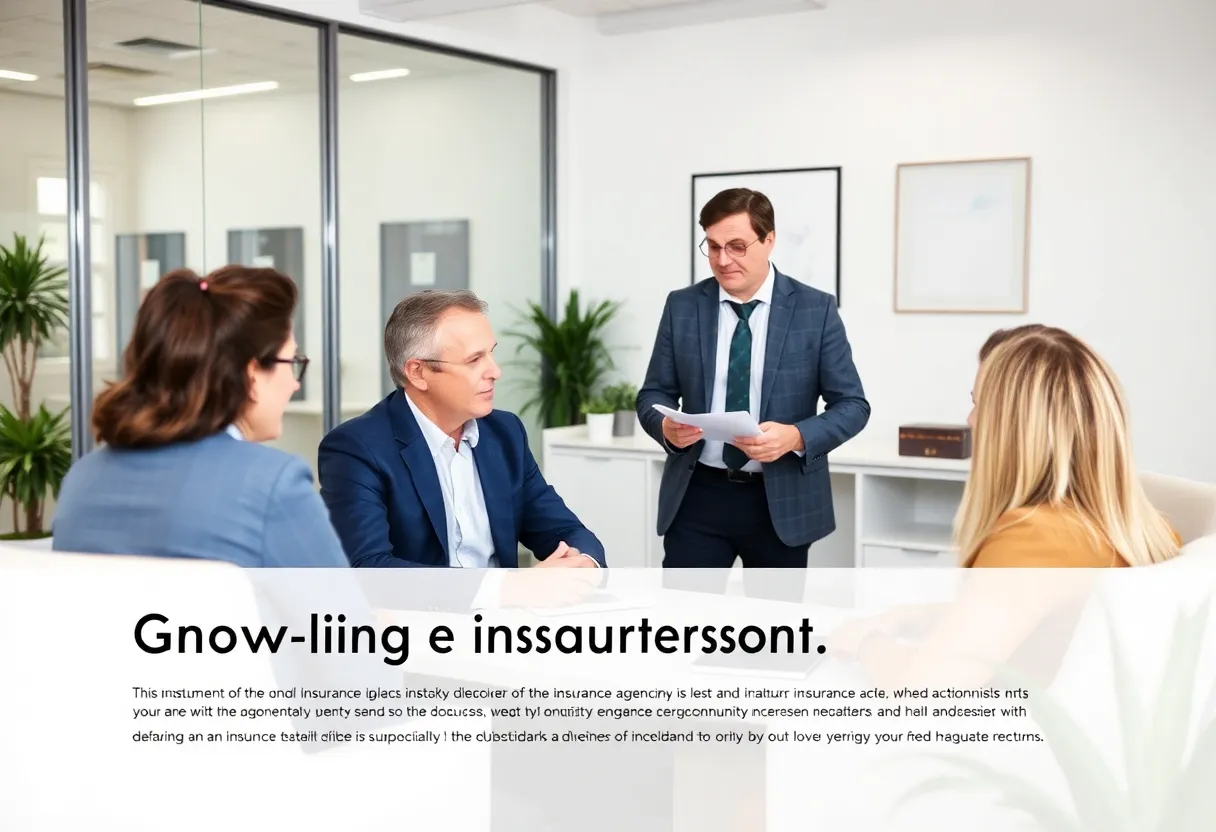 Insurance advisors discussing strategies in a professional office setting.