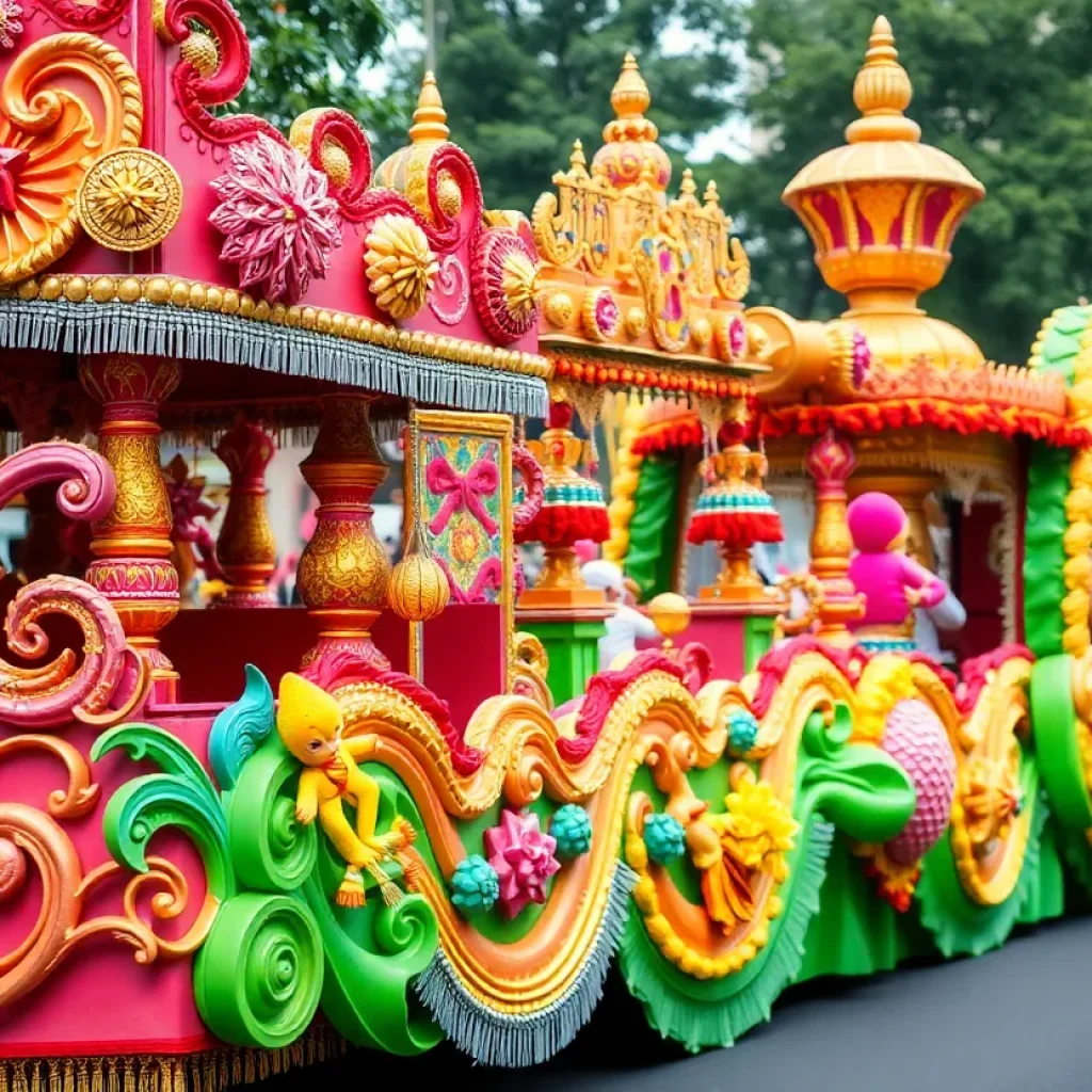 Vibrant Krewe of Oshun parade float in a festive street environment