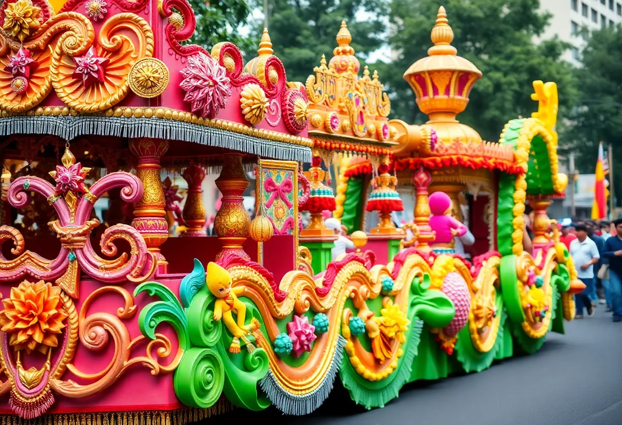 Vibrant Krewe of Oshun parade float in a festive street environment