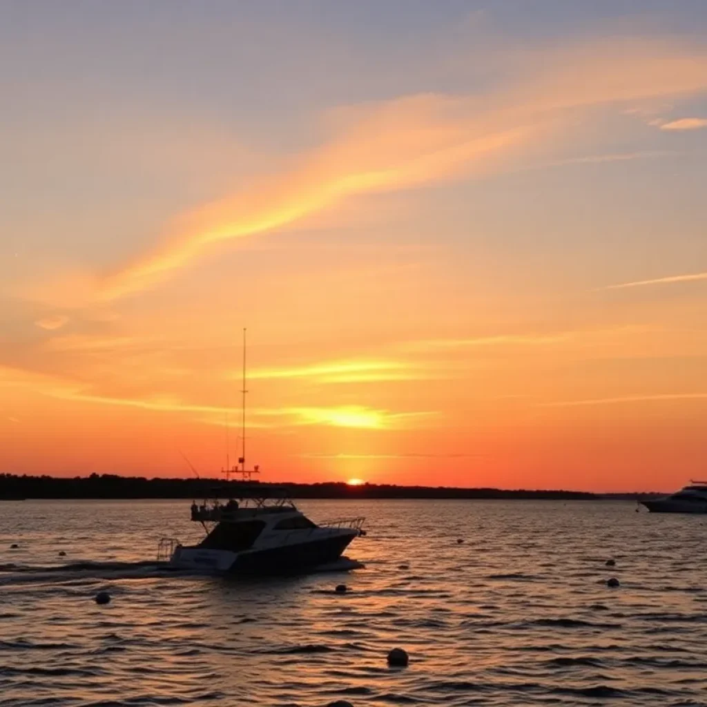 Scenic view of Lake Pontchartrain during sunset with boats