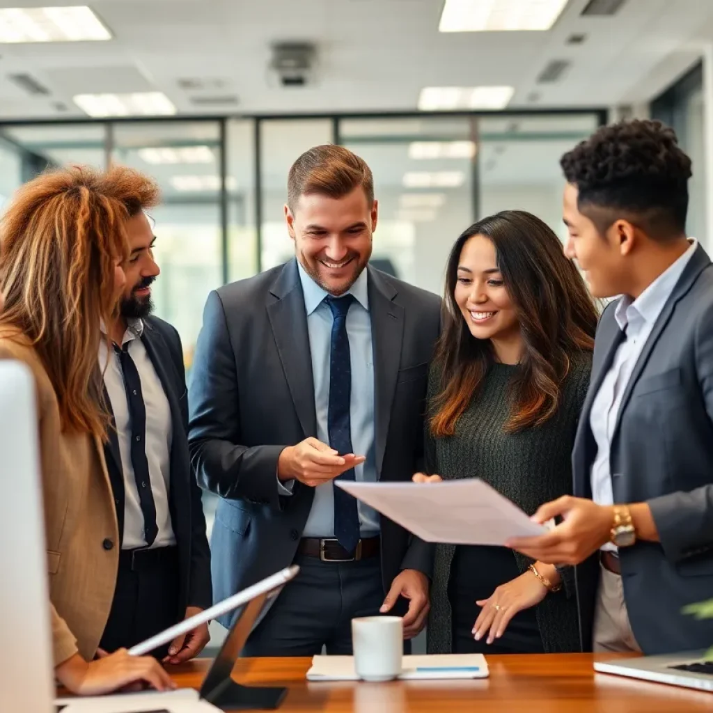 Diverse professionals collaborating in an office setting to signify leadership changes.