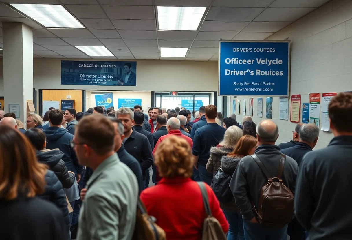 People waiting in long lines outside an Office of Motor Vehicles