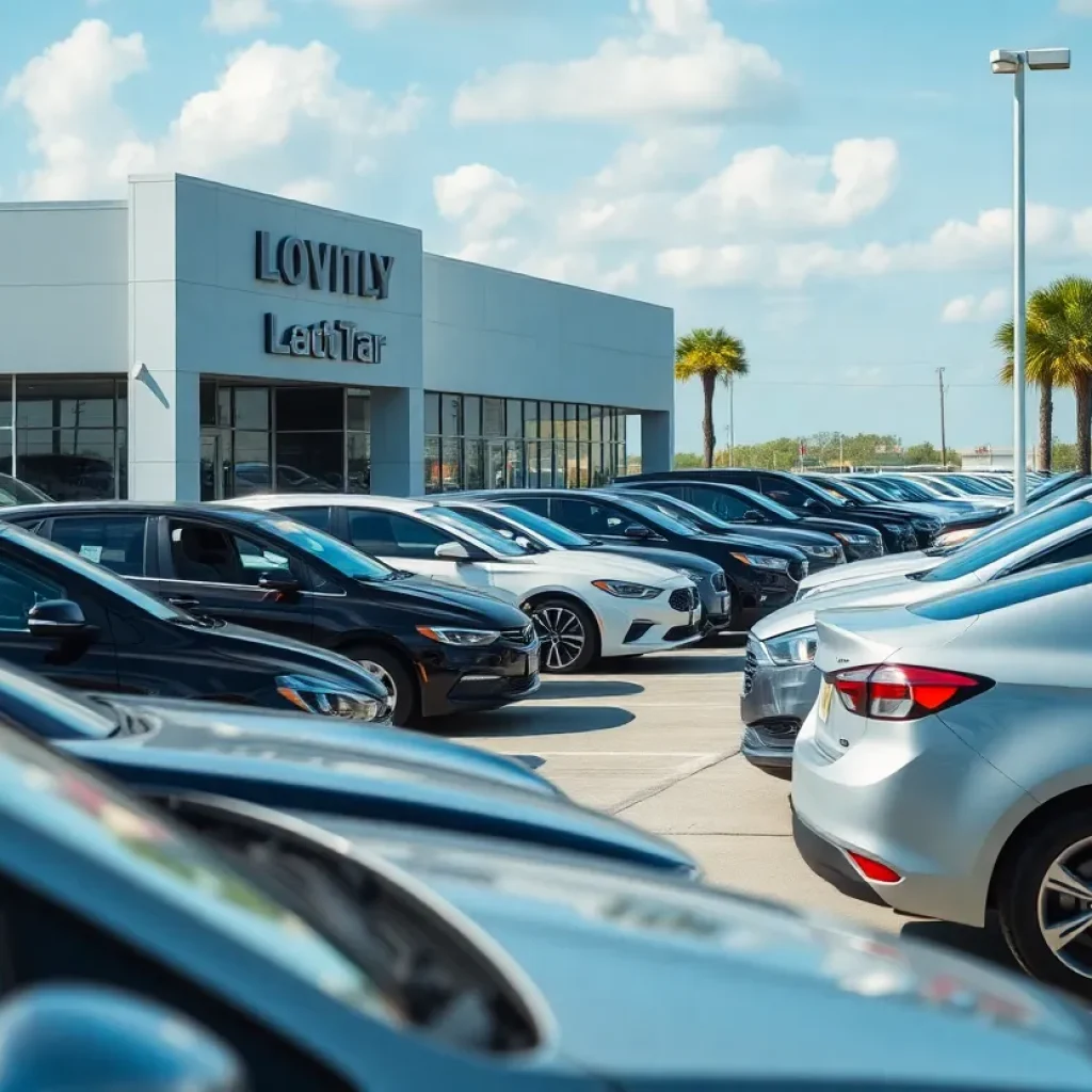 A view of a car dealership in Louisiana showcasing new and used vehicles.