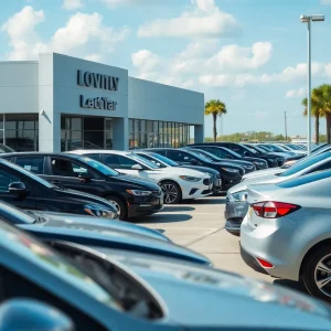 A view of a car dealership in Louisiana showcasing new and used vehicles.