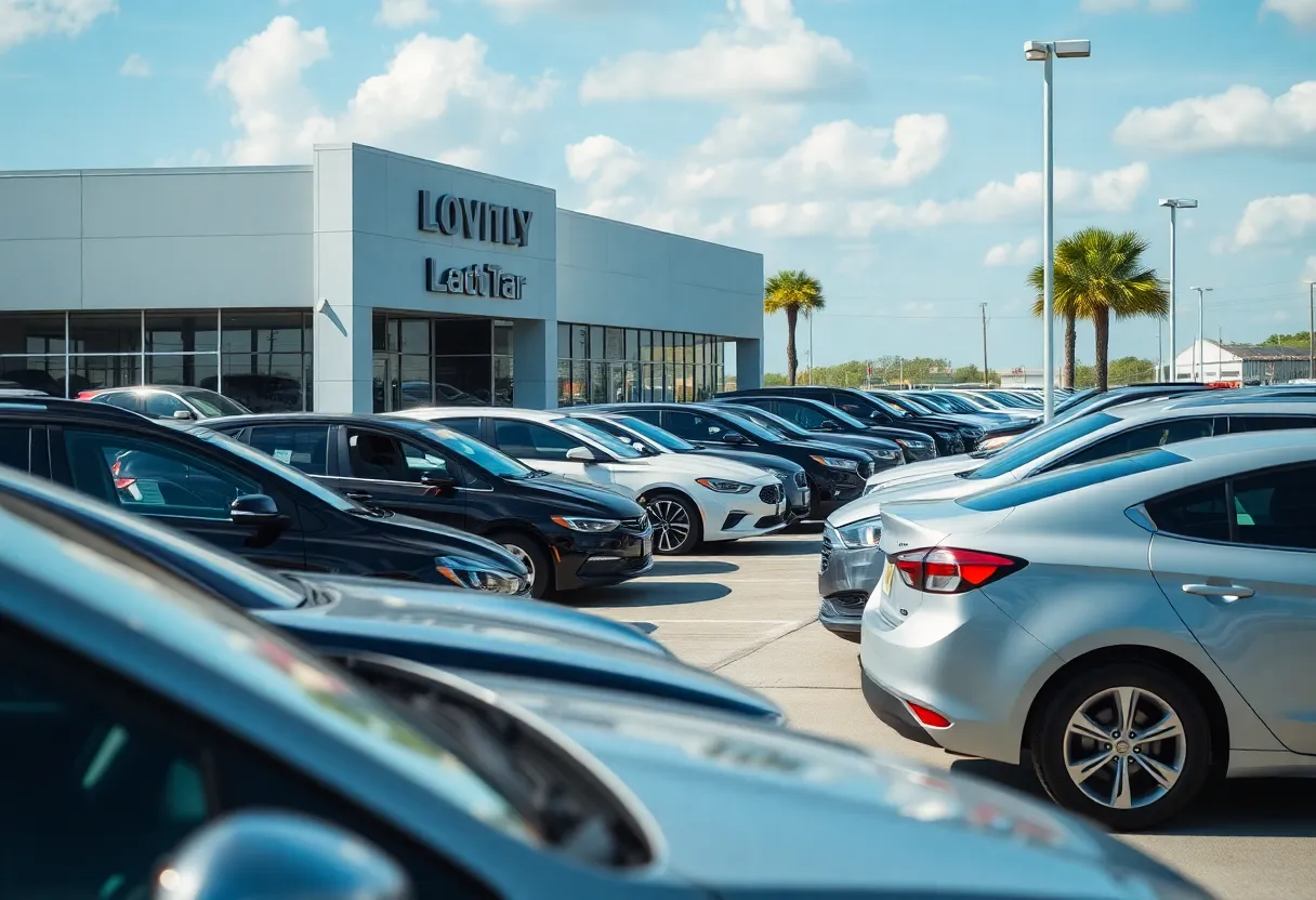 A view of a car dealership in Louisiana showcasing new and used vehicles.