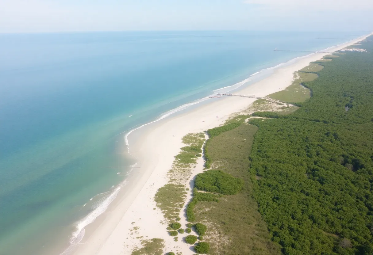 Restored barrier islands in Louisiana with sandy beaches and green vegetation.