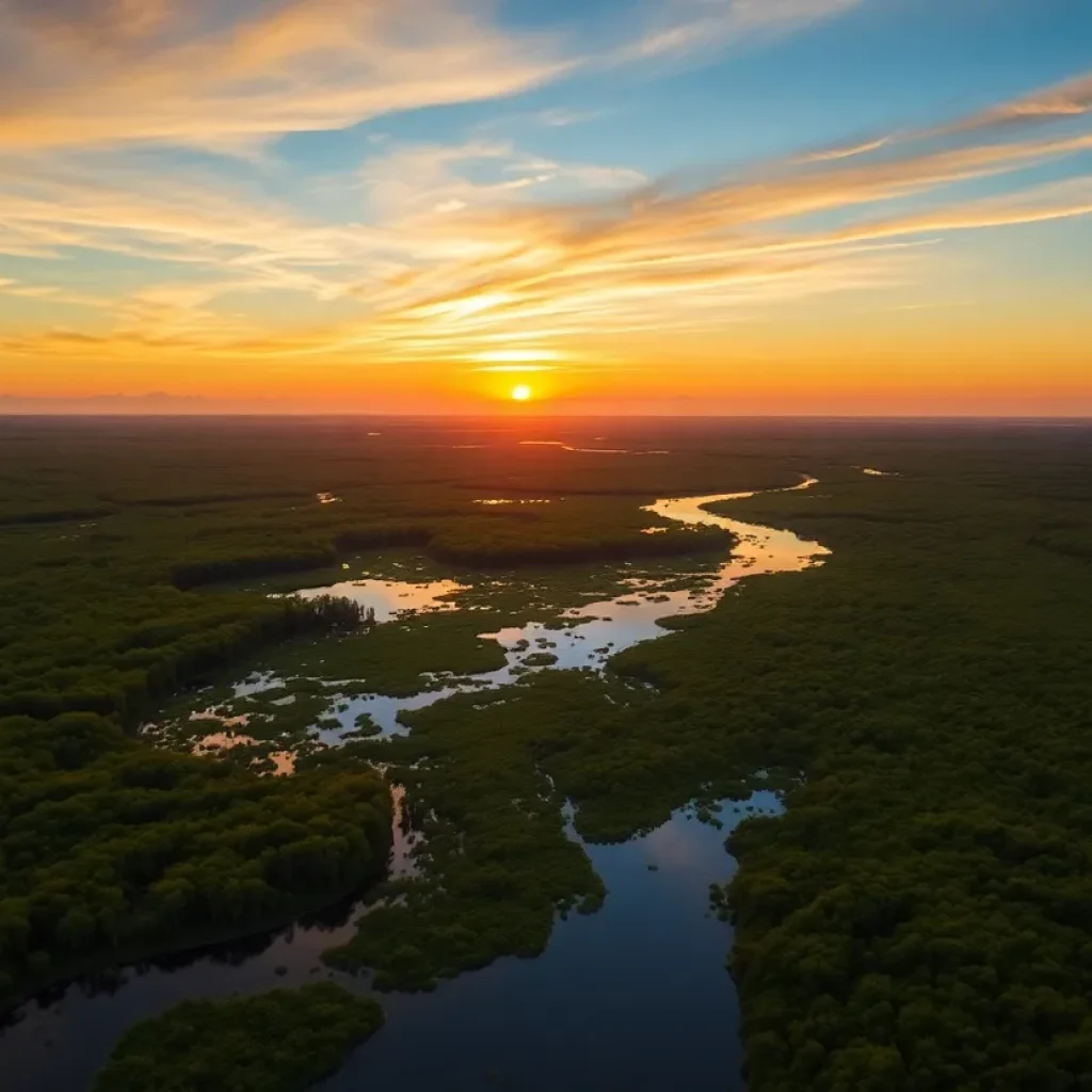Vibrant Louisiana coastal wetlands showcasing lush vegetation and water bodies