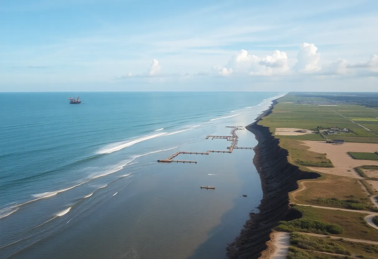 Scenic view of Louisiana's coastline with offshore oil rigs