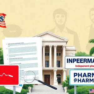 Illustration depicting legal actions and pharmacies involving CVS Health in Louisiana.
