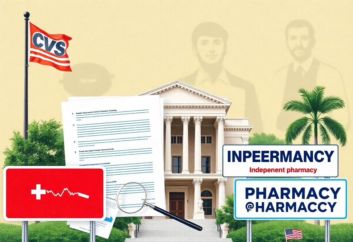Illustration depicting legal actions and pharmacies involving CVS Health in Louisiana.