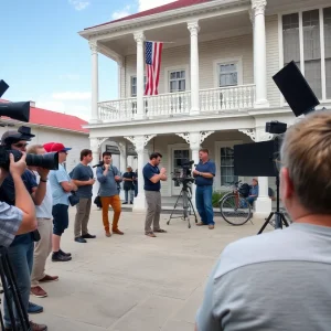 Film crew working on a set in Louisiana