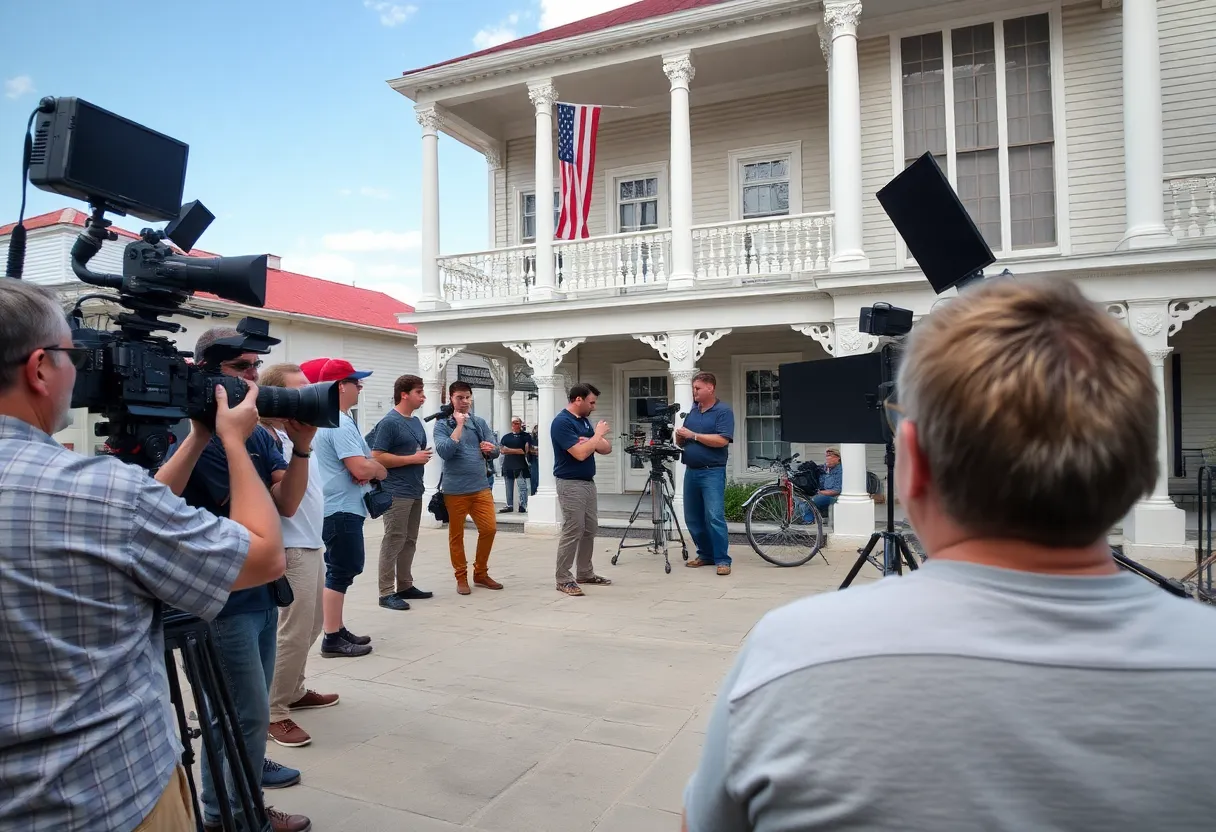 Film crew working on a set in Louisiana