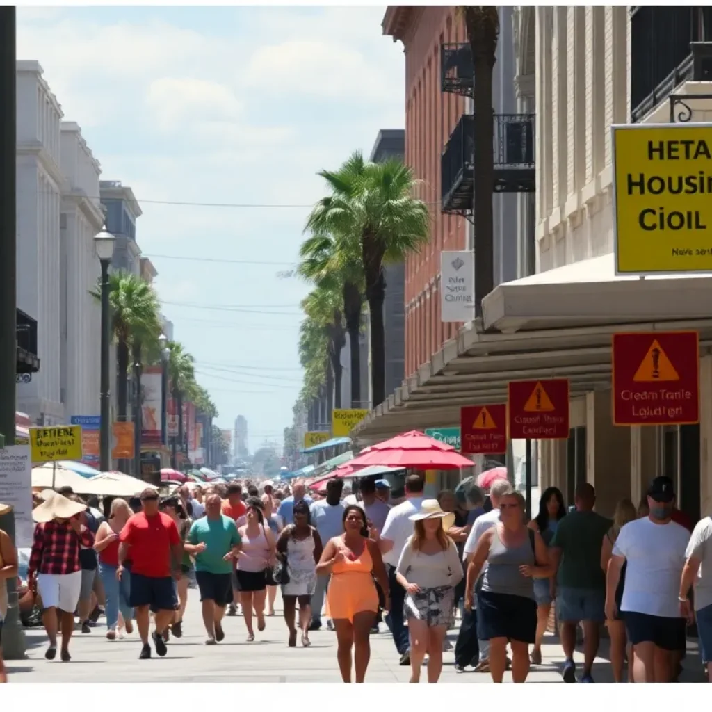 Street in Louisiana during extreme heat with heat warning signs