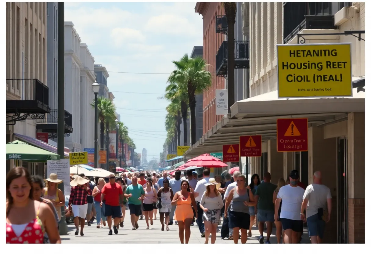 Street in Louisiana during extreme heat with heat warning signs